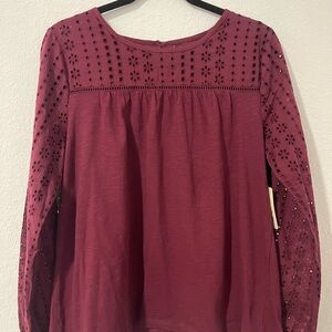 Women's Burgundy Eyelet Long Sleeve Top